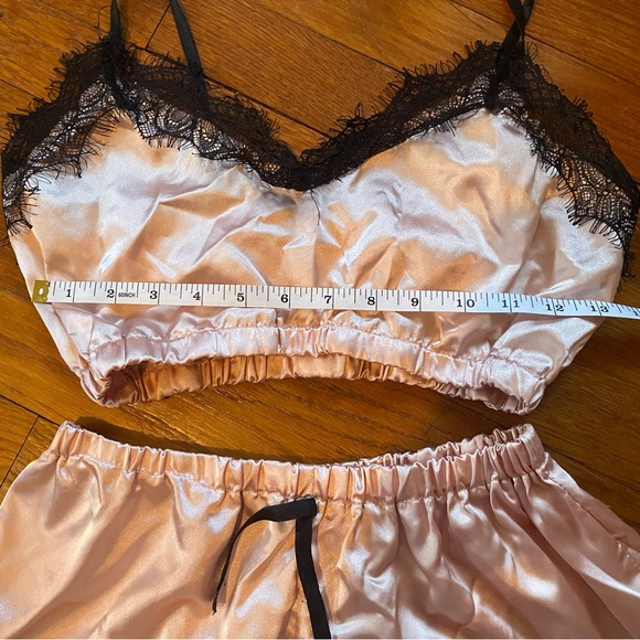 SHEIN Pink Satin Pajama Set with Black Lace - Picture 7 of 9